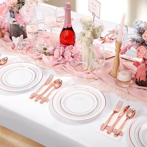 Supernal 200pcs Rose Gold Plastic Dinnerware included Disposable Flatware& Plastic Party Plates Disaposable Cups and Napkins,Perfect for Valentine's Day Mother's Day and Easter - color: 200pcs White and Rose Gold Plastic Dinnerware