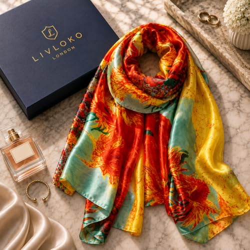 LONDON Women’s Satin Silky Scarf Gift Box Large Lightweight Silky Smooth Shawl Wrap for Hair, Head, Neck or Hijab - color: Sunflowers - Box