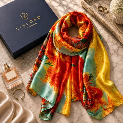 LONDON Women’s Satin Silky Scarf Gift Box Large Lightweight Silky Smooth Shawl Wrap for Hair, Head, Neck or Hijab - color: Sunflowers - Box