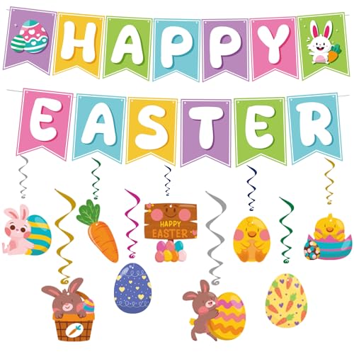 Easter Decorations - Hanging Swirls, Easter Banner - Easter Decorations Garland Easter Accessories Party Favors for Home Door Birthday | Easter Decor - color: Yellow blue sliver