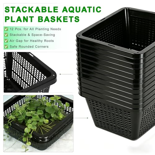 12 Pack Square Aquatic Plant Planter Basket - 7 Inch (18cm) Mesh Pond Plant Pots, Plastic Slotted Design for Water Garden, Aquaponics & Hydroponics Outdoor Use - style: 7" Square-12 PCS