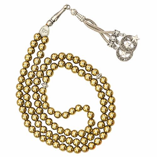 Amazing Gemstone Golden Hematite Tasbeeh with Moon and Star Charm - Certified Crystal Muslim Prayer Beads Natural Gemstone Tasbih for Ramadan Dhikr and Daily Namaz (S) - color: Golden Hematite