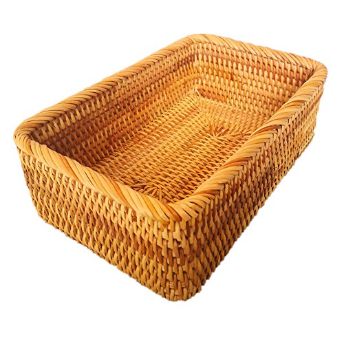 Handmade Rectangle Wicker Fruit Box Rattan Tray Magazine Organizer and Small Objects Container Serving Basket (Medium) - size: Medium
