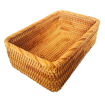 Handmade Rectangle Wicker Fruit Box Rattan Tray Magazine Organizer and Small Objects Container Serving Basket (Medium) - size: Medium