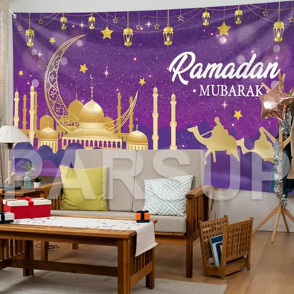 Ramadan Mubarak Decorations, Large Fabric Muslim Ramadan Kareem Backdrop Banner Eid Mubarak Sign Photo Booth Backdrop Background for Muslim Ramadan Party Supplies, 78 x 43INCH