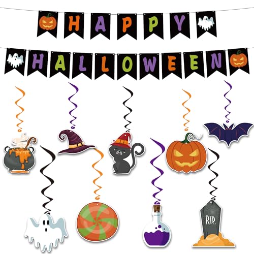 Halloween Party Decorations - Hanging Swirls Happy Halloween Banner | Spooky Pumpkin Ghost Bat Swirl Streamers | Halloween Party Favors Supplies Accessories for Home Wall Party Decor Outdoor Indoor - color: Halloween black orange