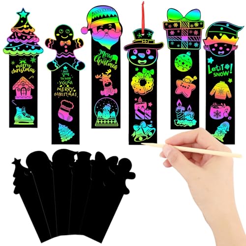 JUNEBRUSHS 30Pcs Christmas Scratch Bookmarks, Rainbow Magic Scratch Paper Art Christmas Tree Santa DIY Crafts Kit for Xmas Hanging Ornaments Christmas Party Favors Gifts - style: Christmas Style