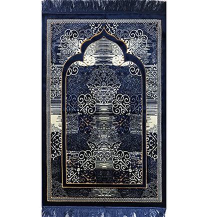 Modefa Prayer Mat | Turkish Velvet Muslim Prayer Rug Muslim Prayer Mat Islam | Soft Beautiful Prayer Rug Janamaz Sajjadah with Car Hanger | Classic Elegant Swirl (Navy Blue) - color: Navy Blue