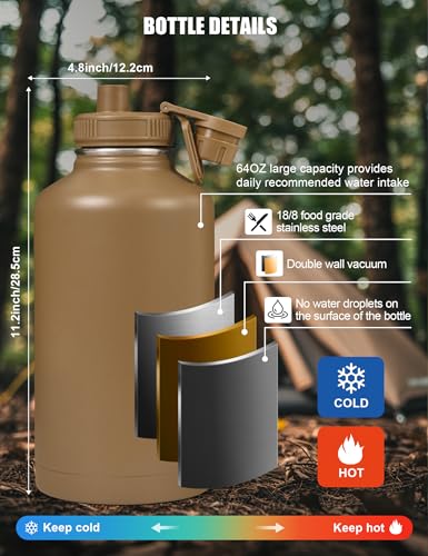 Tactical Half Gallon Water Bottle with Straw, 64 Oz Insulated Water Jug with Molle Water Bottle Holder, Stainless Steel Sport Bottle with 3 BPA Free Lids for Gym Workout Hiking (64oz-Brown) - color: 64oz-Brown