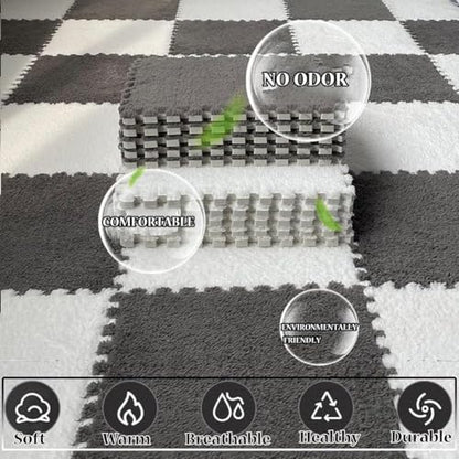 FYYSJW 10 Piece Plush Patchwork Foam Floor Mat, Soft Interlocking Floor Carpet Squares, Fluffy Puzzle Area Rug, 12 X 12 Inch,White+Gray+Black - color: White+gray+black