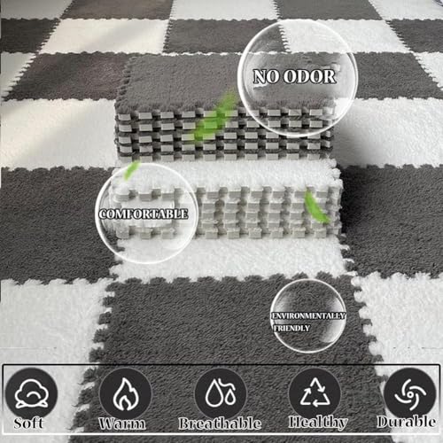 FYYSJW 10 Piece Plush Patchwork Foam Floor Mat, Soft Interlocking Floor Carpet Squares, Fluffy Puzzle Area Rug, 12 X 12 Inch,White+Khaki - color: White+khaki