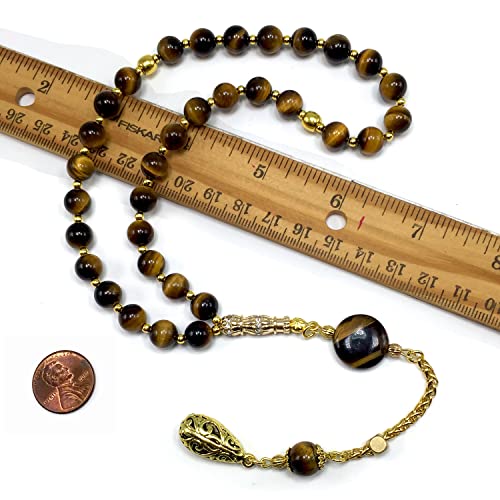 Design -Tiger Eye Stone Series Worry Beads - Prayer Beads (8 mm-33 Beads) Tesbih-Tasbih-Tasbeeh-Misbaha-Masbaha-Subha-Sebha-Sibha-Rosary (Orient Gold Tassel and Tiger Eye Bracelet) - color: Orient Gold Tassel and Tiger Eye Bracelet