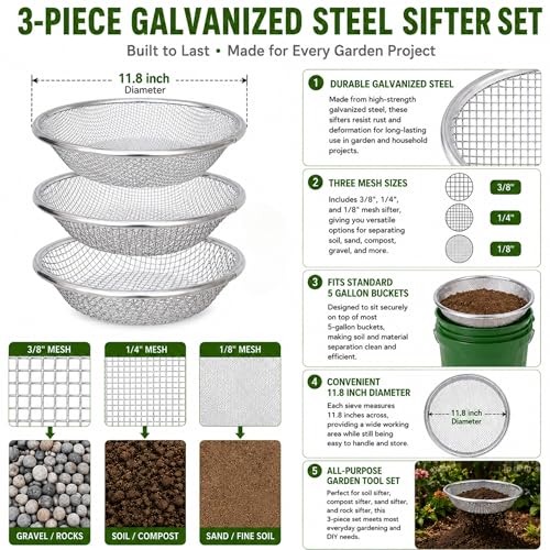 Soil Sifter for Garden Suitable for 5 Gallon Buckets (3 PCS 3/8in,1/4in,1/8in,) - size: 3 PCS 3/8in,1/4in,1/8in,