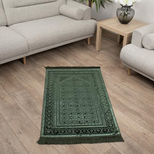 Modefa Velvet Prayer Rug - Soft Plush Turkish Janamaz Sajada Carpet for Men and Women - Plain Solid Prayer Mat Ramadan Eid Gift - with Prayer Beads - Luxury Floral Stamp (Dark Green) - color: Dark Green