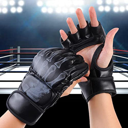 MMA Boxing Gloves, Lightweight Breathable Protector Half Mitts for Adults Men Women Punching Heavy Bag Karate Fighting Grappling, Hand Black
