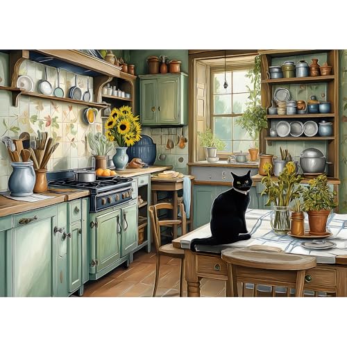 Vintage Country Kitchen Jigsaw Puzzle 1000 Pieces for Adults Cozy Farmhouse Scene Cat Sunflowers Rustic Decor Challenging Puzzle Games Fun Family Activity （27.6" x 19.7"） - color: Country Kitchen