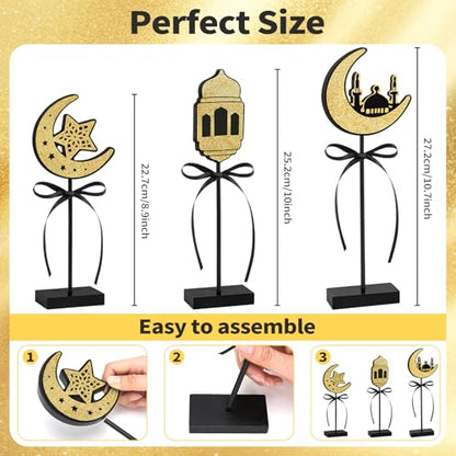 3 Pcs Ramadan Decorations Eid Mubarak Table Decor Wooden Set, Glitter Islamic Ramadan Tiered Tray Table Decorations,Ramadan Table Decor for Muslim Party Home Decor