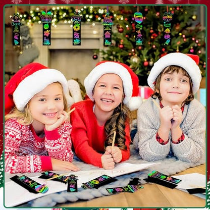 JUNEBRUSHS 30Pcs Christmas Scratch Bookmarks, Rainbow Magic Scratch Paper Art Christmas Tree Santa DIY Crafts Kit for Xmas Hanging Ornaments Christmas Party Favors Gifts - style: Christmas Style