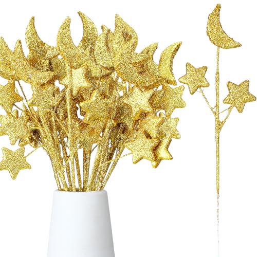 Wavwavw 24 Pcs Christmas Gold Glitter Star Moon Picks Vase Filler