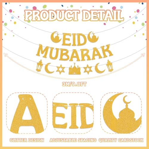Gold Glitter Eid Mubarak Banner and Garland Set, Pre-Assembled Islamic Party Decor with Mosque Lantern Moon Star for Eid al-Fitr Home Wall Festival Decorations