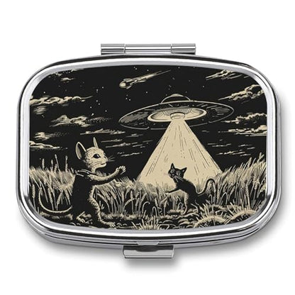 Metal 2 Compartment Pill Organizer Travel Friendly Portable Compact Pill Box Cute Pill Case to Hold Vitamins,Fish Oil,Supplements,Meds,Tablet for Purse,Pocket. (Cats and Spaceships) - color: Cats and Spaceships