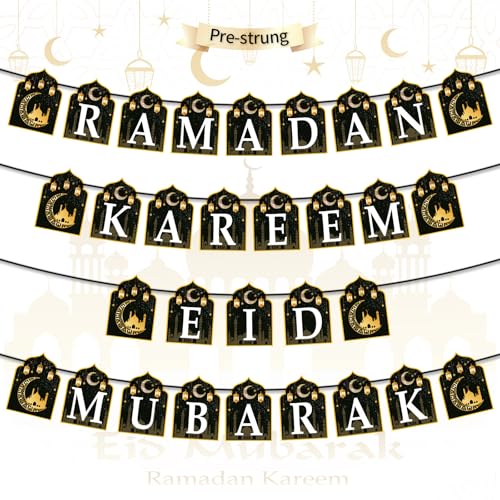 【No Assembly Required】4pcs Ramadan Decor, Ramadan Kareem Banner Eid Mubarak Decorations, Ramadan Banner, Eid Mubarak Al-Fitr Iftar Party Favor Hang Bunting Supplies for Home Tree Fireplace Wall - color: Black-Gold