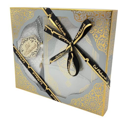 Modefa Luxury Eid Saeed Gift Box Set, Prayer Mat, Quran and Prayer Beads, with Black and Gold Ribbon (Grey) - color: Grey