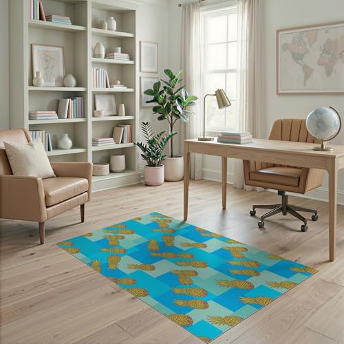 4'x6' Washable Beachy Pineapple Area Rug, Blue Flatwoven Floor Mat Non-Slip Chair-Friendly Carpet for Home Office, Gaming Room, Under Desk | Ref:1991834 - color: Blue/Pattern 27, size: 4' x 6' (Rectangular)