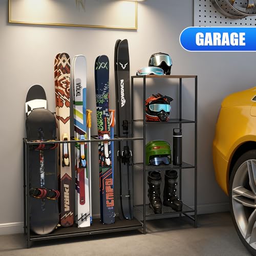 Freestanding Ski Rack, Ski Storage Rack w/Width-Adjustable Bars, Ski & Snowboard Rack Organizer for Garage, Home