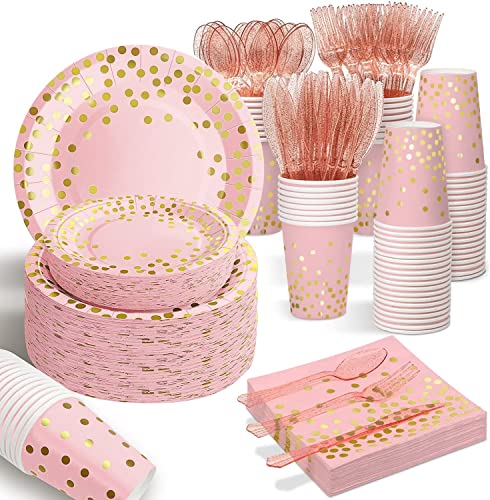 AIRE 350PCS Pink and Gold Party Supplies, Severs 50 Disposable Partyware, Gold Plastic Cutlery, Napkins, Plates for Baby Shower, Birthday, Wedding - color: 350PCS Pink and Gold