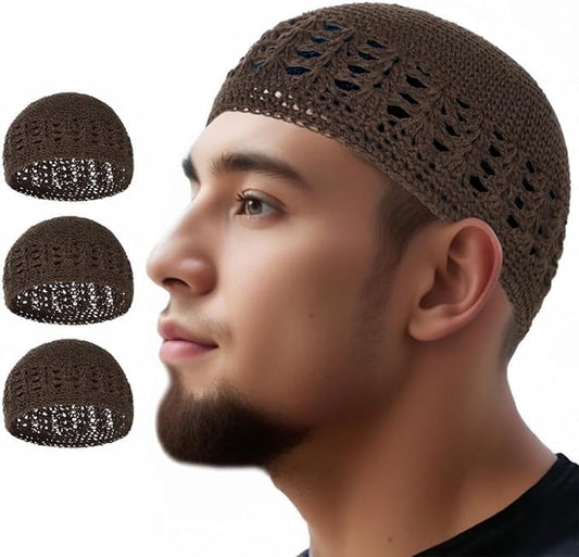 3pcs Knit Kufi Hats for Men Muslim Prayer Cap Islamic Ramadan Eid Taqiyah Cap Koofi Topi Beanie Skull Hat Under Hat - color: Brown