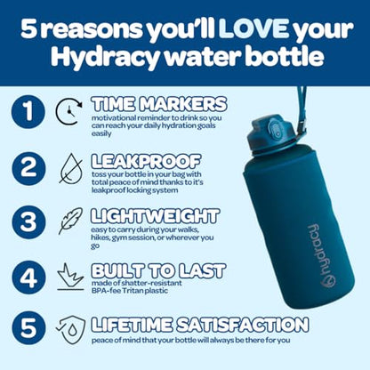 Hydracy 타임 마커 및 과일 인퓨저가 있는 물병 - BPA 프리 - 1.9L(64온스) | 샘 방지 체육관 병, 마실 시간이 있고 땀이 나지 않는 슬리브 - 피트니스 스포츠 및 야외 활동에 이상적입니다 - color: 미드나잇 블루, size: 64온스