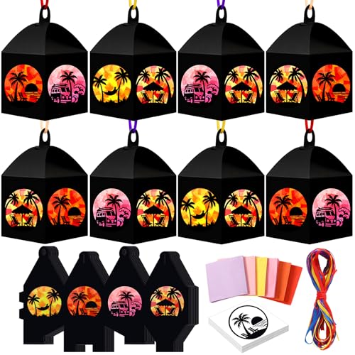 Maitys 16 Sets Summer Paper Lantern Craft Kit, DIY Tropical Beach Suncatcher Lanterns with Tissue Paper, Palm Tree Sunset Crafts for Adults, Classroom Home Hawaiian Luau Party Decorations Gifts - style: Beach