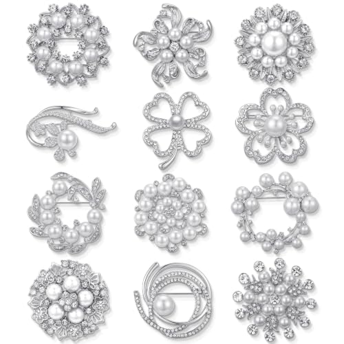 Junkin 12 Pcs Women Brooches Bulk Vintage Rhinestone Pin Set - style: Floral Pearl