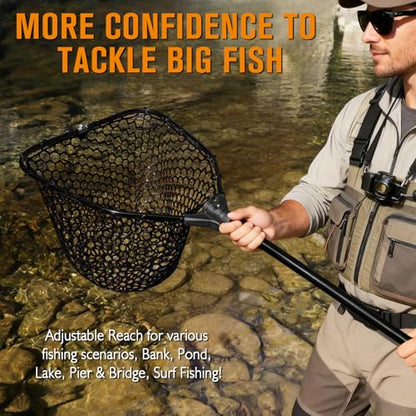 Rubber Fishing Landing Nets Telescopic Handle Nets Folding Nets with Collapsible Handle for Catch & Release Fishing Gift 17.6" dia-13.7" Depth Black/Orange - color: Black