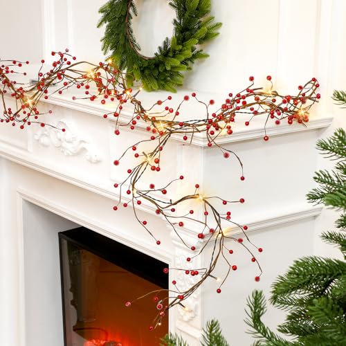 Syhood 9 Ft Ramadan Berry Garland 30 LED Lights Battery Operated,Red - color: Red