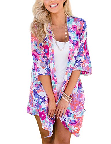 Chunoy Women Short Sleeve Chiffon Kimono Beach Swimsuit Cover Up - color: Purple, size: Medium