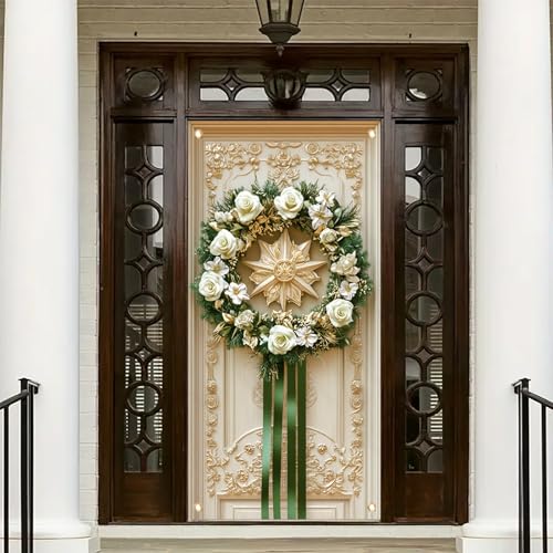 Christmas Star Door Cover Banner 71x35 Inch Elegant White Rose Gold Leaf Green Ribbon Holiday Decoration for Front Door Indoor Outdoor Winter Party Display - color: Style 3