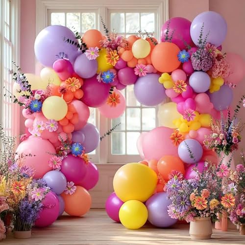 Hot Pink Purple Balloon Arch Double Stuffed Balloons with Artificial Flowers Eucalyptus Leaves Pastel Yellow Peach Magenta Latex Garland for Wildflower Birthday Wedding Floral Tropical Party Decor - color: Hot Pink Purple Yellow