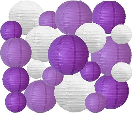 BEISHIDA 21 Pcs Lavender Purple White Round Paper Lanterns Decorative Hanging Asia Chinese Japanese Paper Lanterns Lamp for Halloween Birthday Wedding Baby Bridal Shower Home Decor Party Decoration - color: Lavender Purple White, size: 4、6、8、10、12 Inch