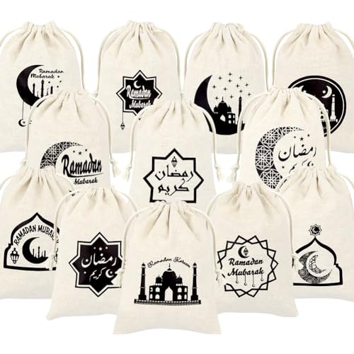 12 PCS Ramadan Drawstring Gift Bags,Eid Mubarak Goody Burlap Bag Small Drawstring Pouch Islamic Mosque Moon Star Cookie Bags Islam Eid Iftar al-Adha Favor Bag for Muslim Islam Party Decorations
