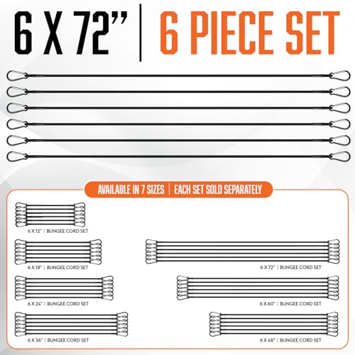Extra Long Bungee Cords with Carabiner Hooks 6x72 Heavy Duty Outdoor | 6 ft UV & Weather Resistant Strong Bungie Chords - Black Bunjee Straps - Large Bungy Cord Set 200lb Strength - size: Black 72” (6 Piece)