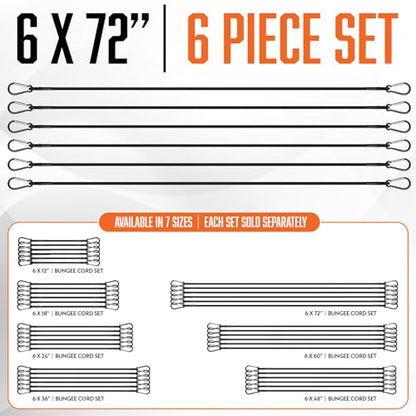 Extra Long Bungee Cords with Carabiner Hooks 6x72 Heavy Duty Outdoor | 6 ft UV & Weather Resistant Strong Bungie Chords - Black Bunjee Straps - Large Bungy Cord Set 200lb Strength - size: Black 72” (6 Piece)