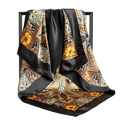 DRESHOW 35” Large Square Satin Head Scarf - 4Pcs Silk Accessories Classic Patterned Squares Beach Bandanas for Women - color: 4 Pcs: Black, Champagne, Green, White a