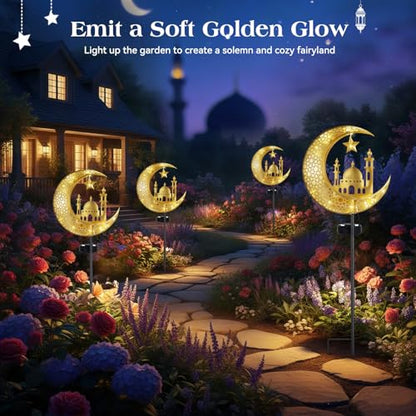 Lewondr 2Pcs Ramadan Solar Lights, Ramadan Decorations Outdoor, Metal Yard Signs LED Eid Decorations Mubarak Star Moon Castle, Waterproof Solar Garden Stakes Lights for Walkway Lawn Patio - style: Moon and Castle
