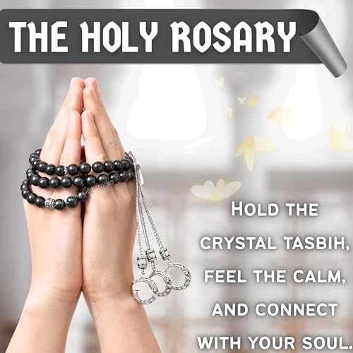 Amazing Gemstone Black Tourmaline Tasbeeh with Moon and Star Charm - Certified Crystal Muslim Prayer Beads Natural Gemstone Tasbih for Ramadan Dhikr and Daily Namaz (S) - color: Black Tourmaline