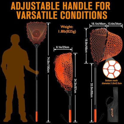 Rubber Fishing Landing Nets Telescopic Handle Nets Folding Nets with Collapsible Handle for Catch & Release Fishing Gift 17.6" dia-13.7" Depth Black/Orange - color: Orange