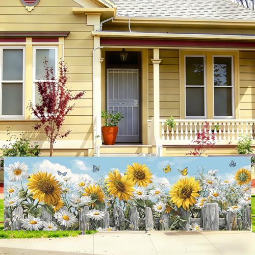 Sunflower Spring Fence Banner 118 x 35 Inch, Large Waterproof Outdoor Floral Banner with Sunflowers, Daisies & Butterflies for Yard Garden Porch Fence Decorations - color: 222-1