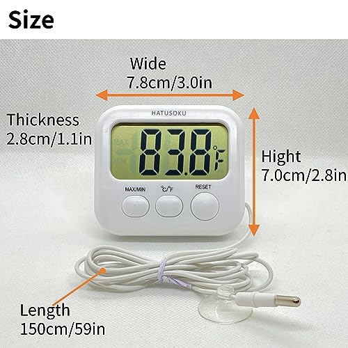 HATUSOKU Digital Thermometer with External Sensor, Magnet, Suction Cup, Water Thermometer, Aquarium, Refrigerator, Freezer (White) - color: White