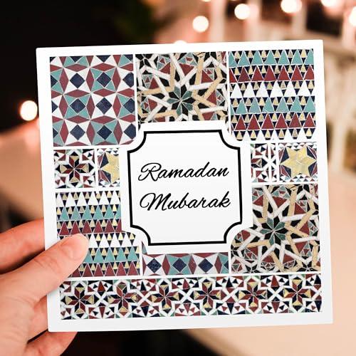 3dRose Ramadan Mubarak - Blessed Happy Eid Wish - Red Mint Turquoise Mosaic 1 Greeting Card with envelope